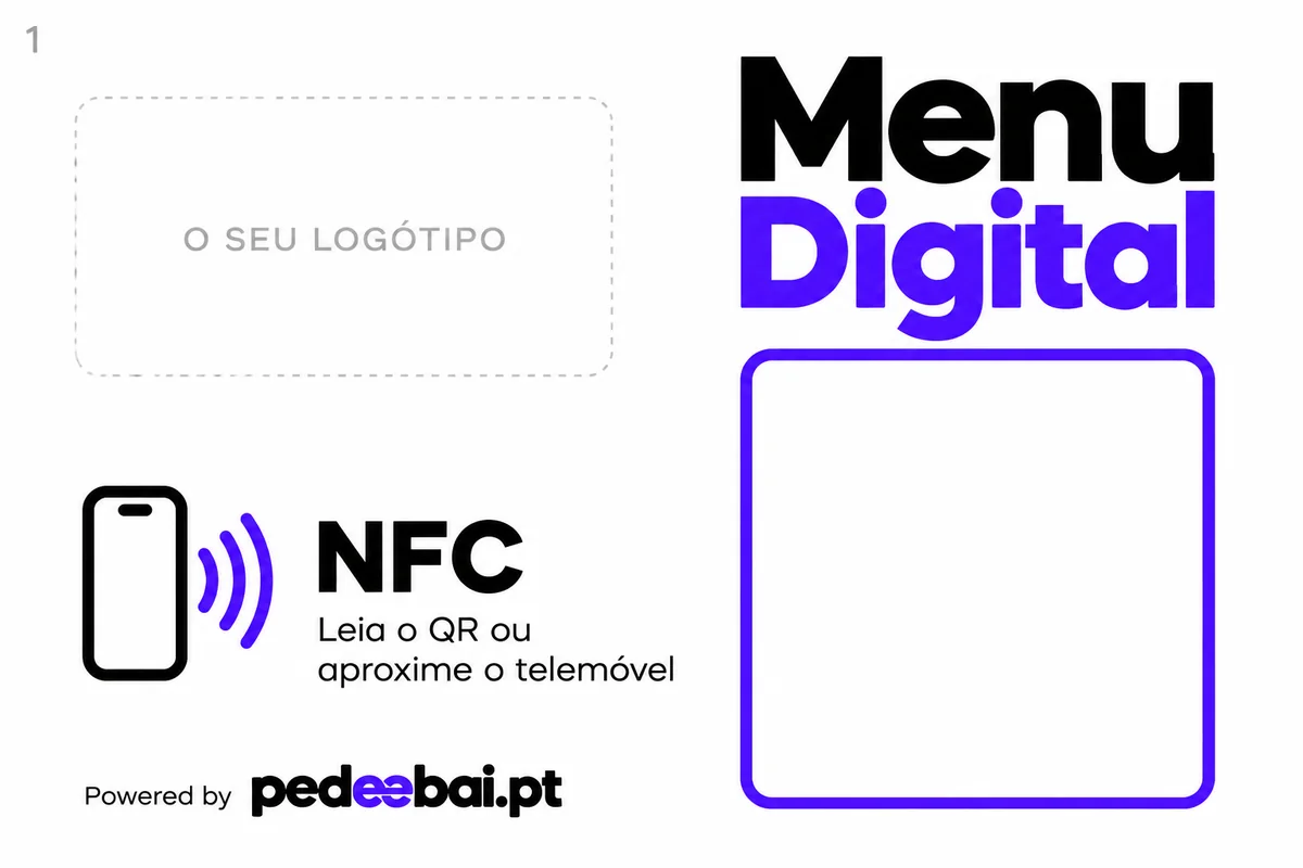 Modelo de expositor 1: design de menu digital com espaço para logótipo, QR Code e NFC