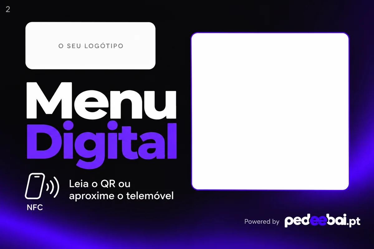 Modelo de expositor 2: design de menu digital com espaço para logótipo, QR Code e NFC