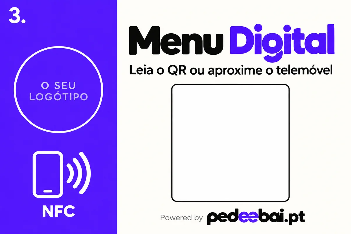 Modelo de expositor 3: design de menu digital com espaço para logótipo, QR Code e NFC