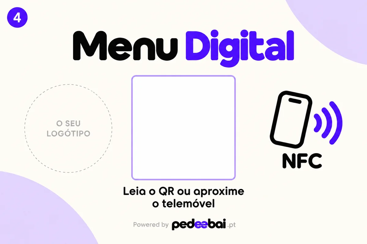 Modelo de expositor 4: design de menu digital com espaço para logótipo, QR Code e NFC