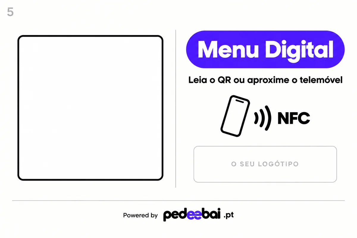 Modelo de expositor 5: design de menu digital com espaço para logótipo, QR Code e NFC