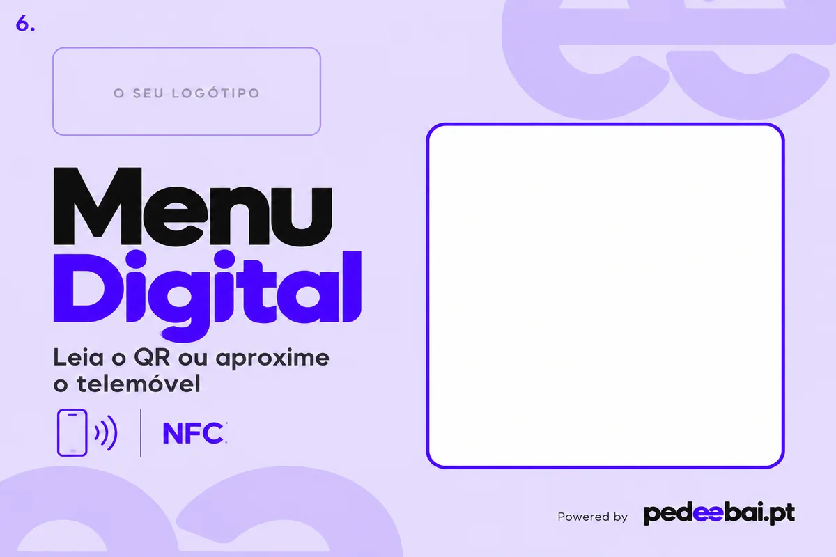 Modelo de expositor 6: design de menu digital com espaço para logótipo, QR Code e NFC